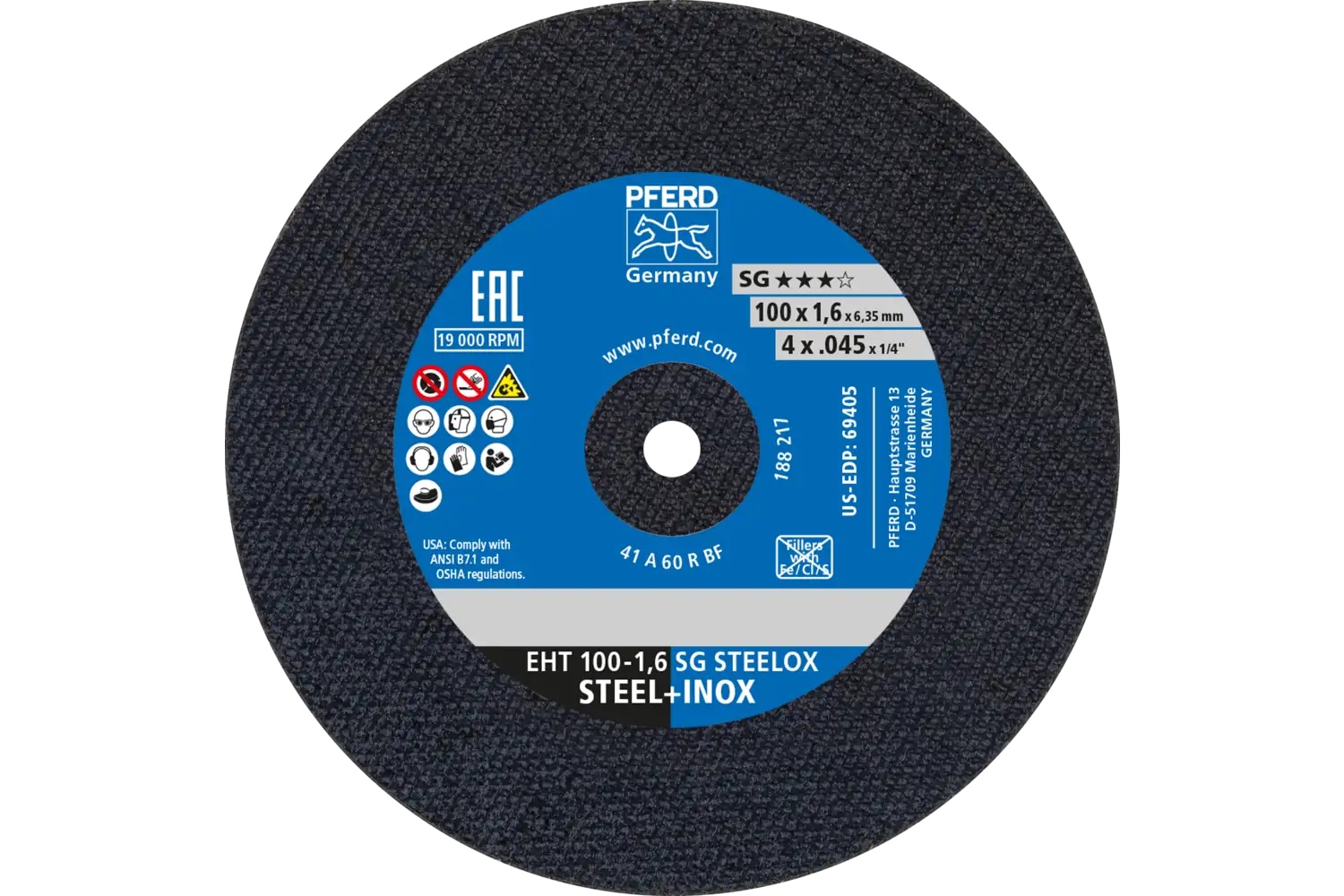 Picture of Pferd Die Grinder Cut-Off Wheel, 4" X .045 X 1/4, Sg Steelox, T1, Aluminum Oxide